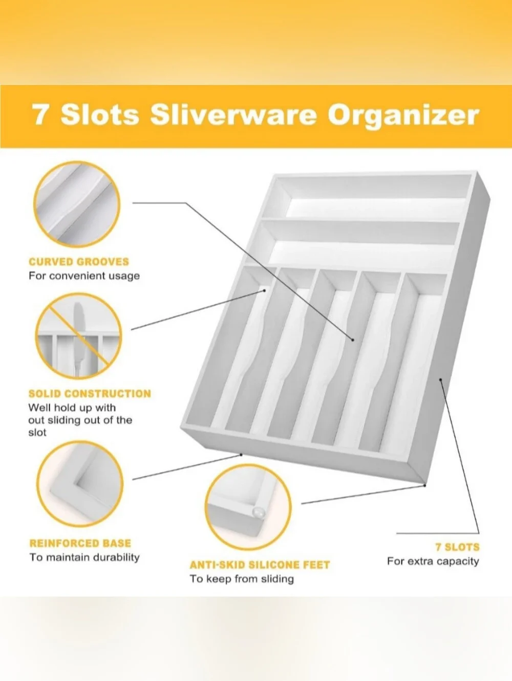 Bamboo Drawer Organizer 7-Slot Silverware Tray - White